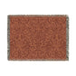 A woven cotton blanket with a geometric pattern in a rust color, featuring a colorful fringed edge.