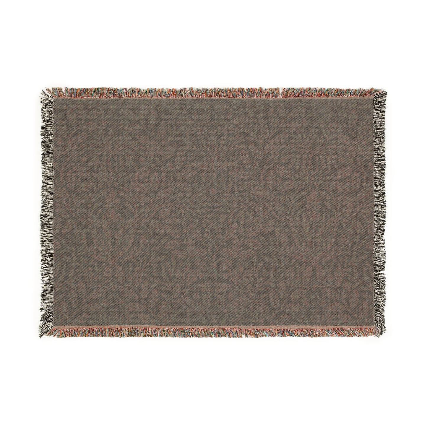 A woven cotton blanket with a geometric William Morris & Co pattern in smoky blue colour, featuring fringed edges.