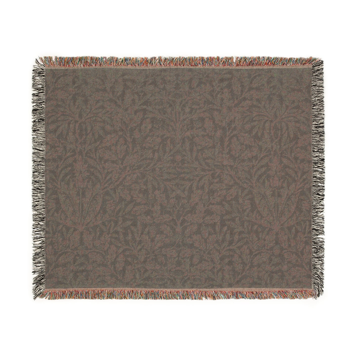 A woven cotton blanket with a geometric William Morris & Co pattern in smoky blue colour, featuring fringed edges.