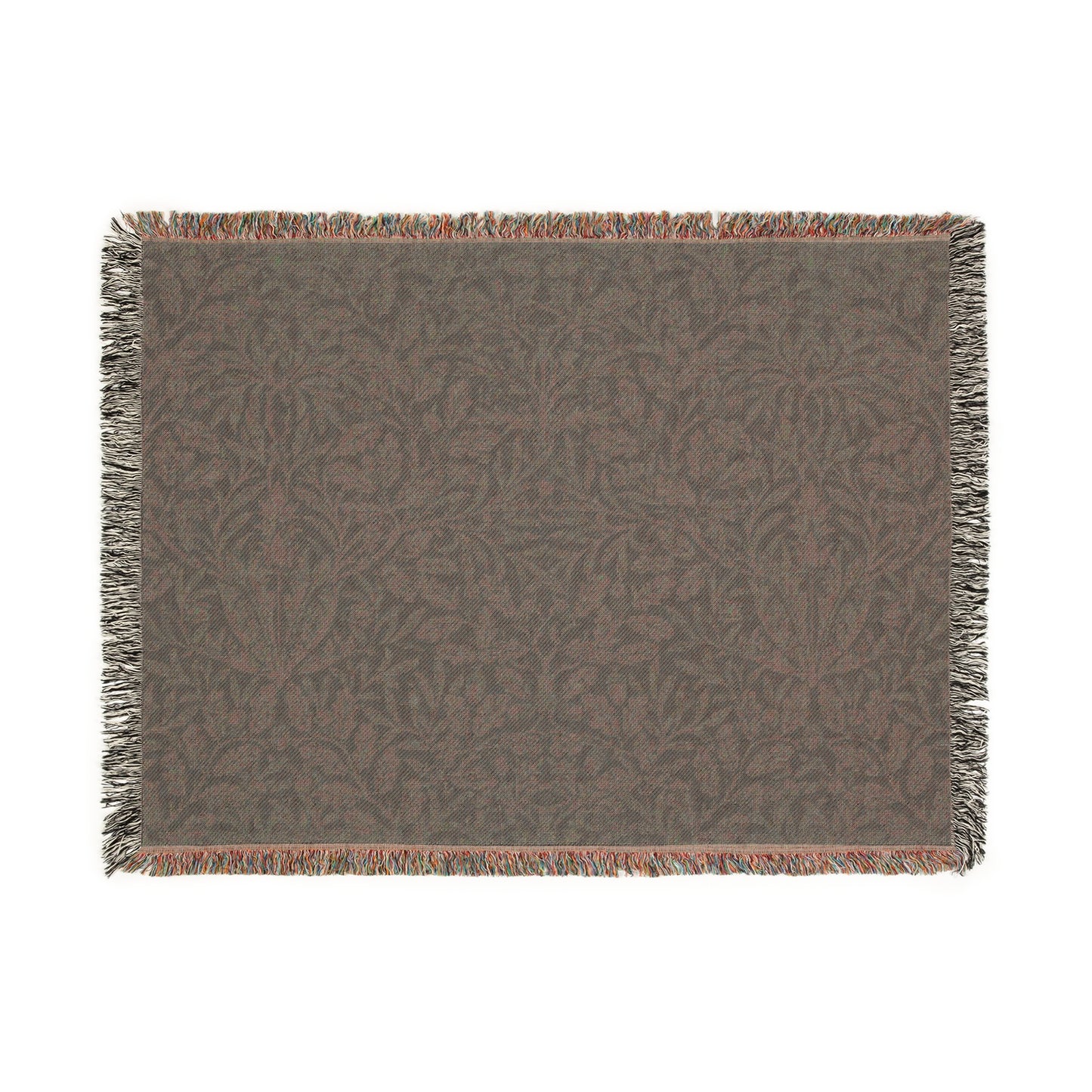 A woven cotton blanket with a geometric William Morris & Co pattern in smoky blue colour, featuring fringed edges.