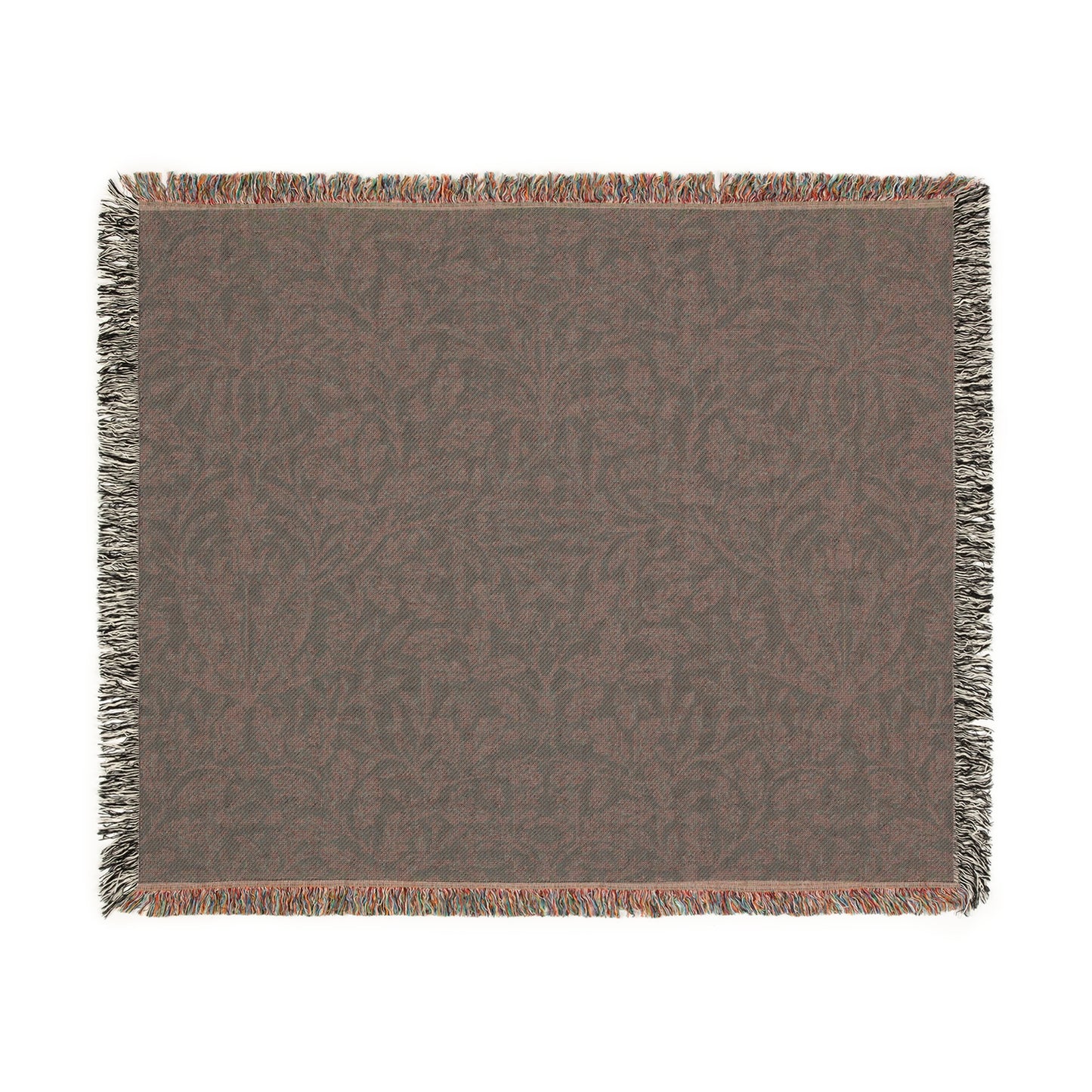 A woven cotton blanket with a William Morris & Co floral geometric pattern in teal colour, featuring a fringe.