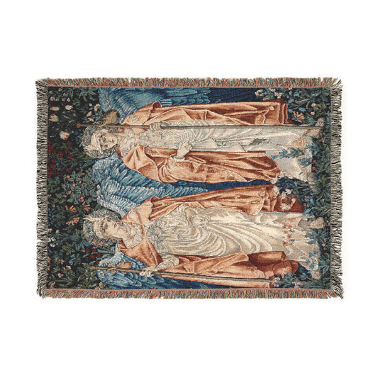 A woven cotton blanket with a angelic pattern from William Morris & Co in multiple colours, featuring a fringe along the edges.