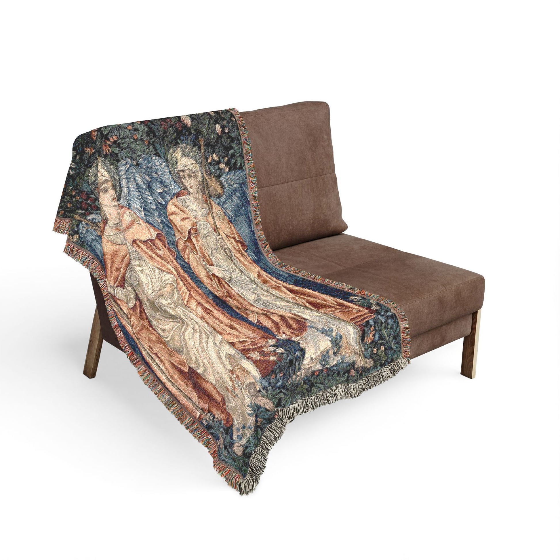 Decorative tapestry with classical design draped over a brown chair on a white background