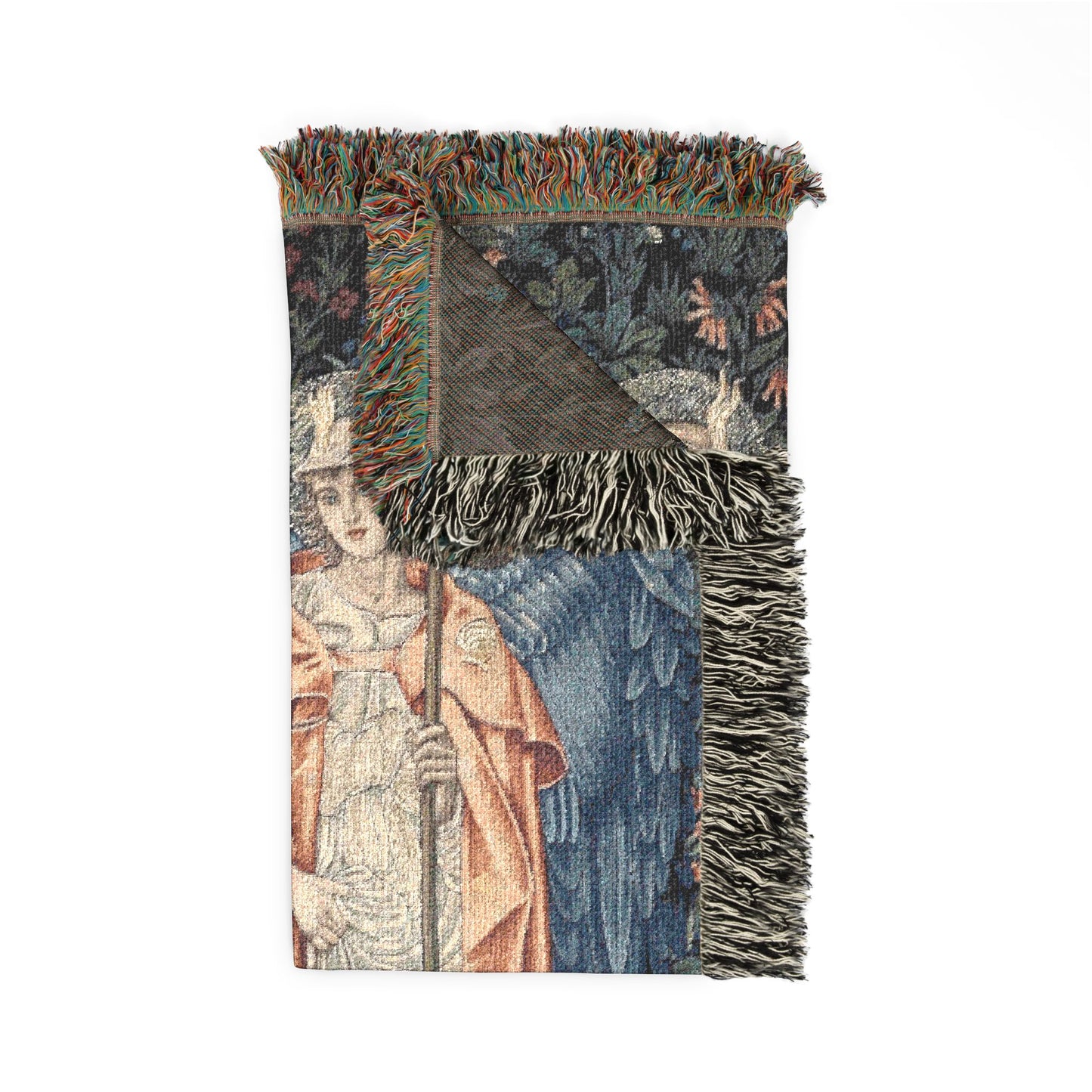Tapestry with fringes featuring a classical scene on a white background