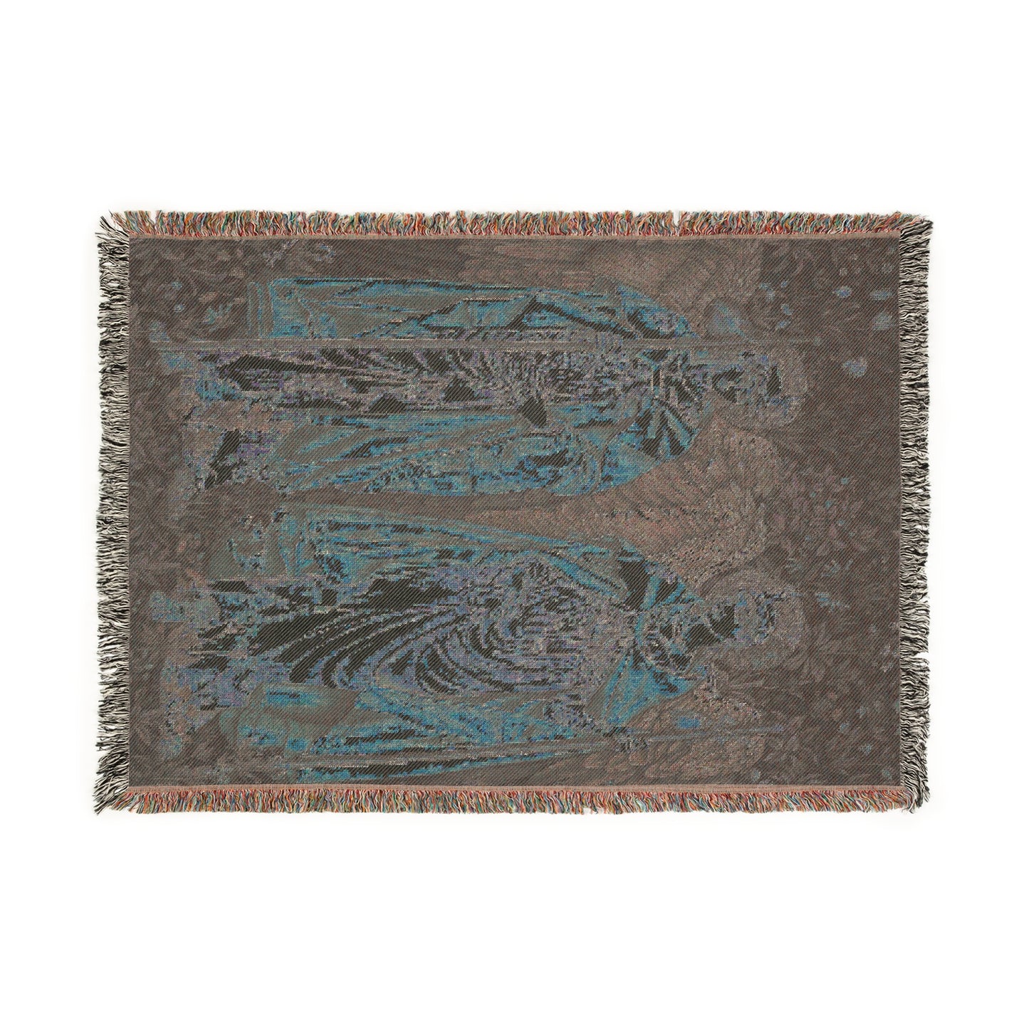 A woven cotton blanket with a angelic pattern from William Morris & Co in multiple colours, featuring a fringe along the edges.