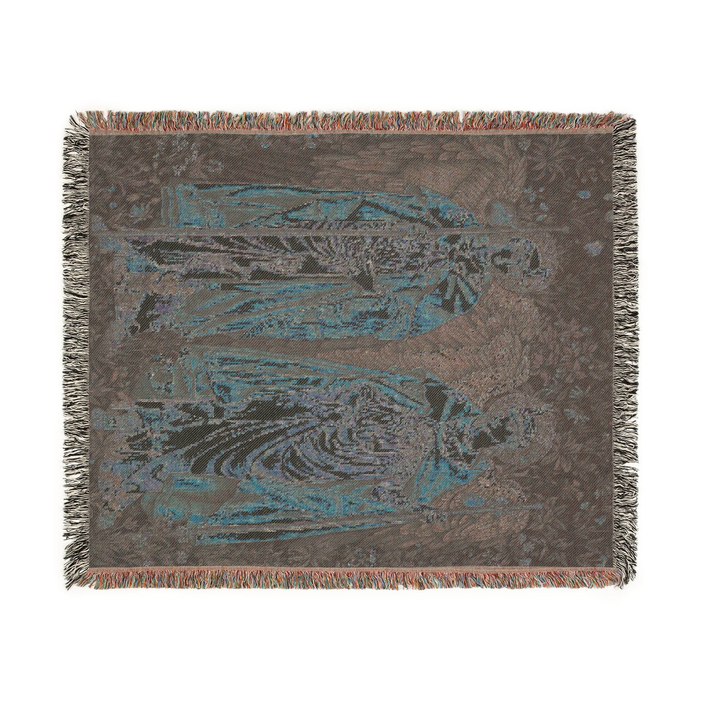 A woven cotton blanket with a angelic pattern from William Morris & Co in multiple colours, featuring a fringe along the edges.