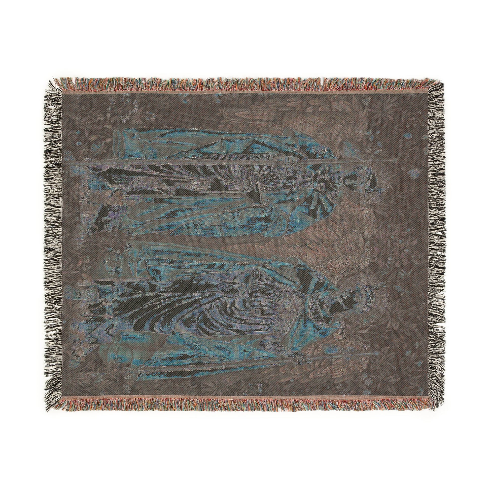 A woven cotton blanket with a angelic pattern from William Morris & Co in multiple colours, featuring a fringe along the edges.