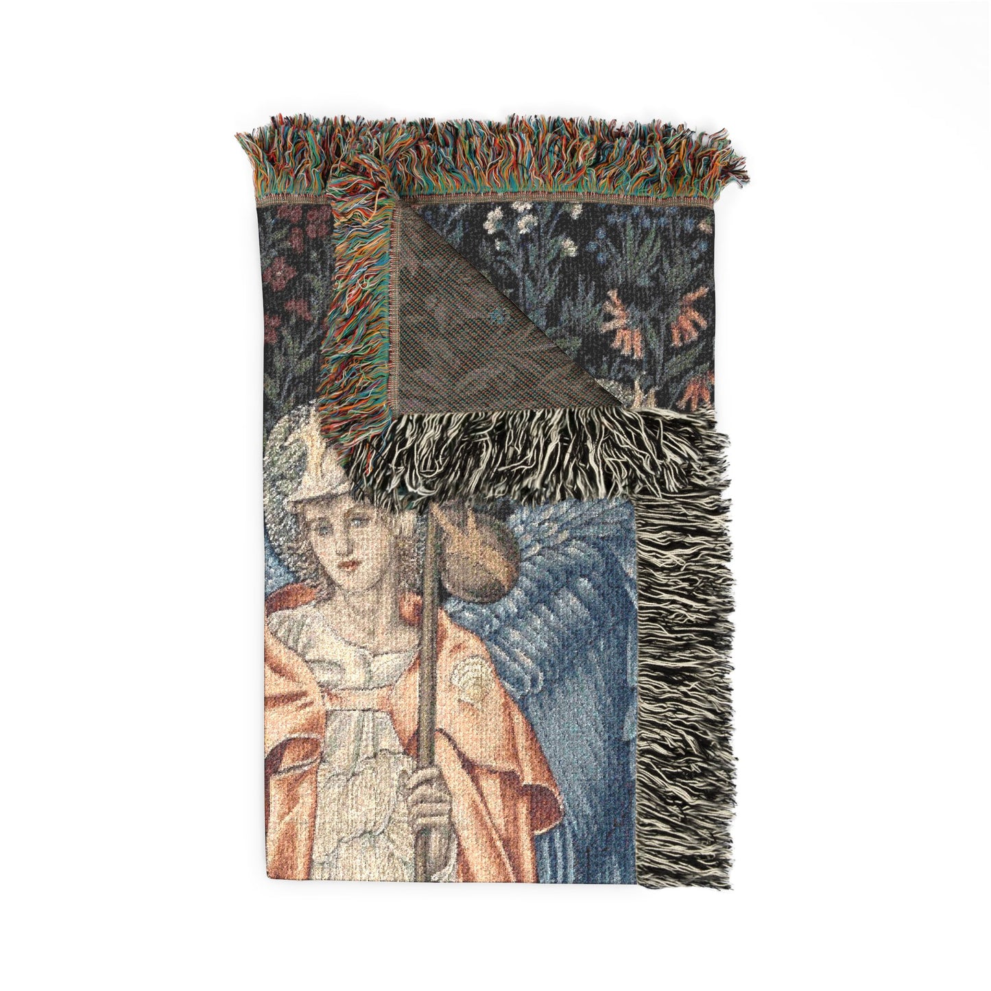 Decorative tapestry with angel design and broomstick on a white background