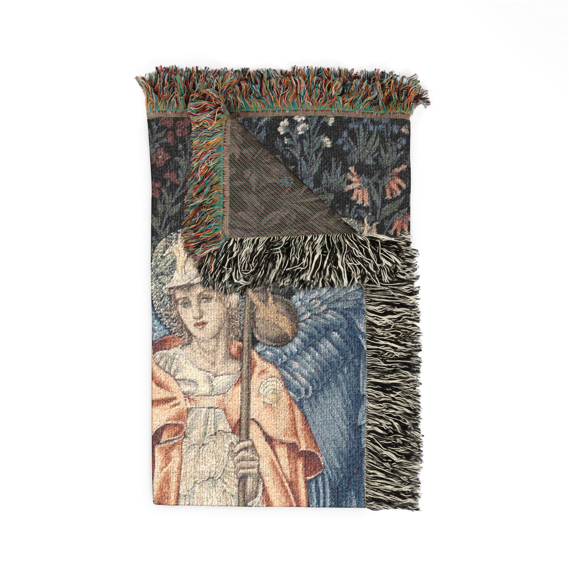 Decorative tapestry with angel design and broomstick on a white background