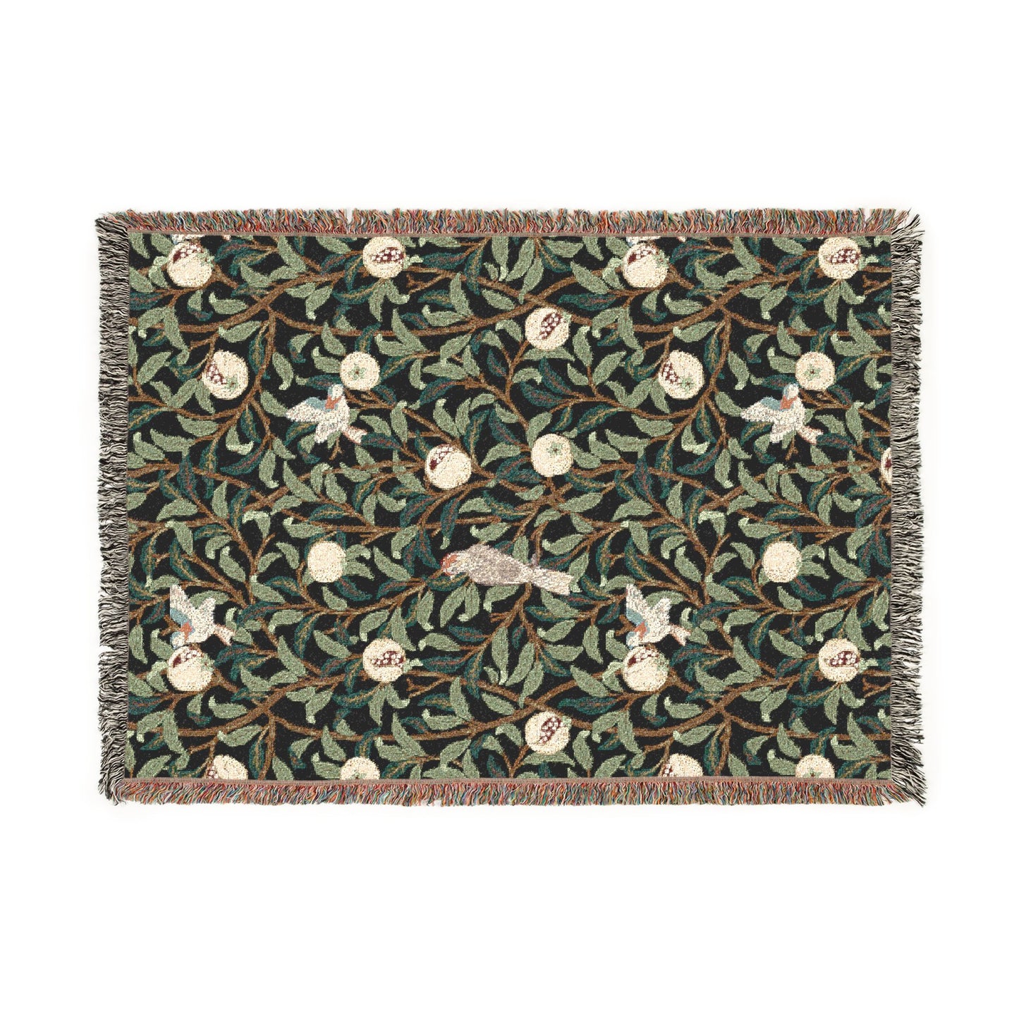 Decorative woven blanket with floral and bird pattern on a white background