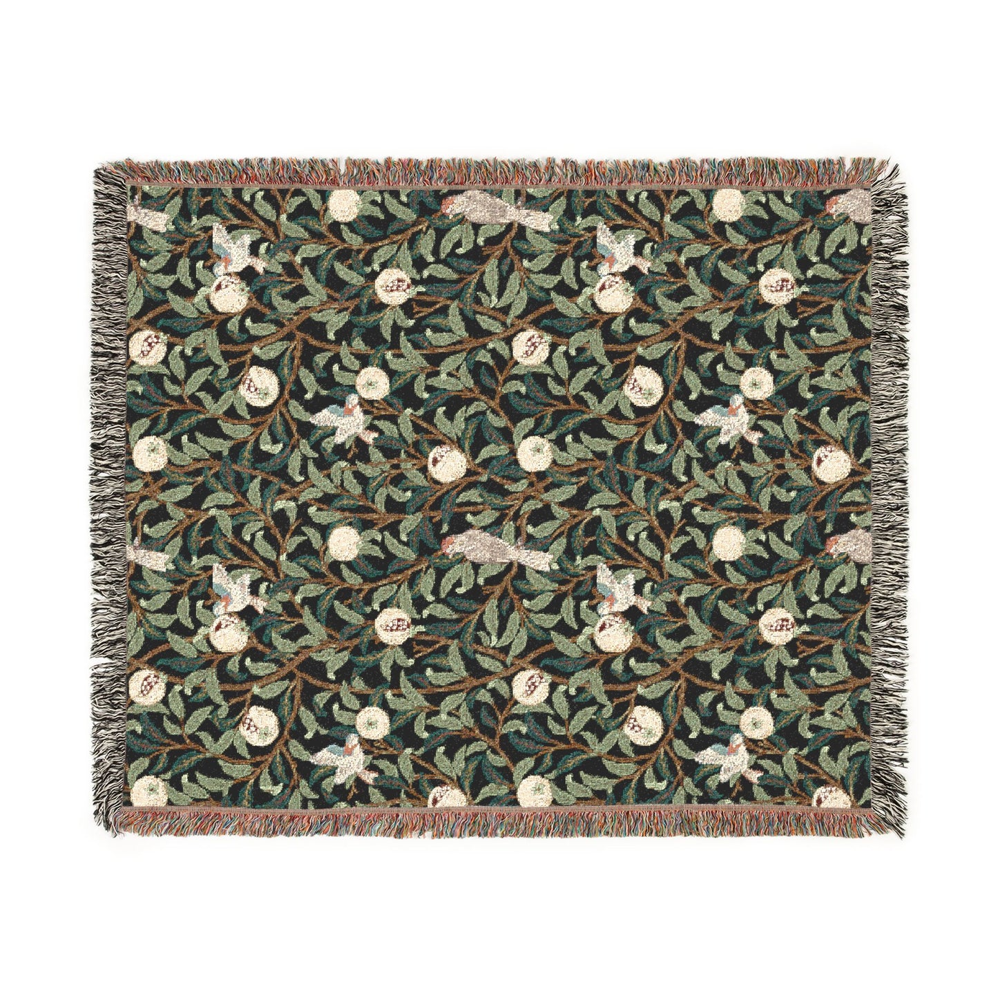 Floral patterned throw blanket with a green background on a white background