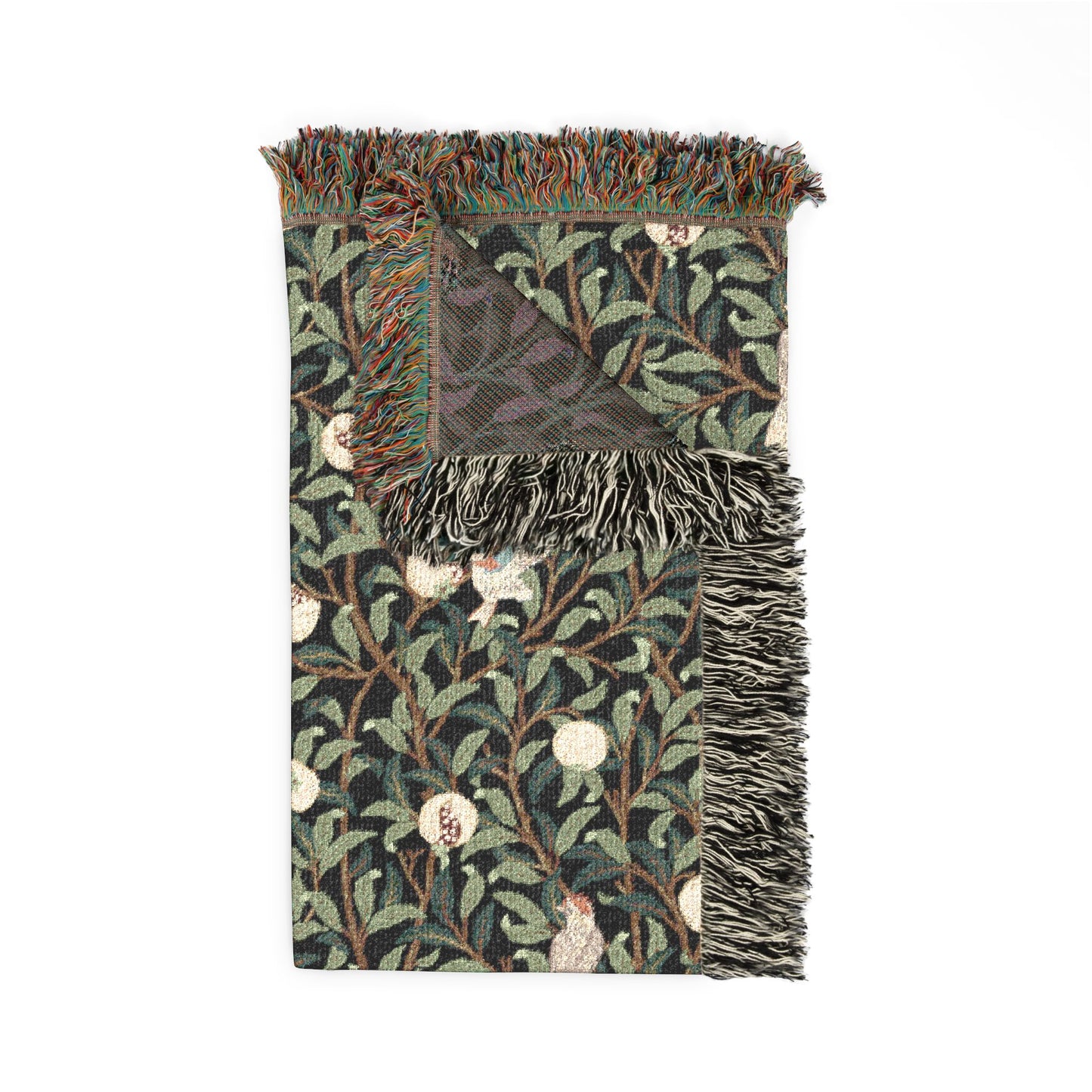 Woven blanket with a leaf pattern on a white background