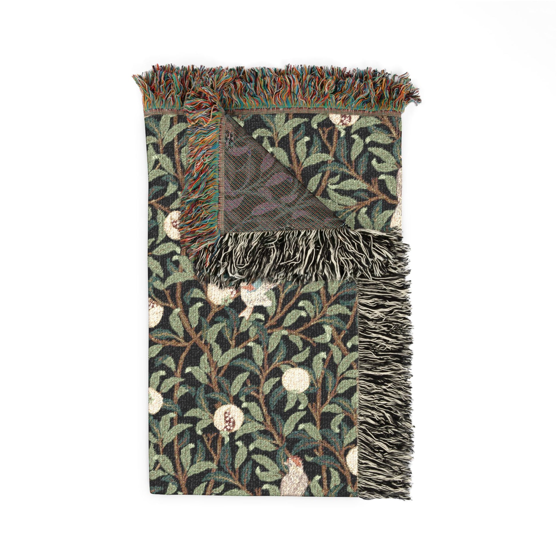 Woven blanket with a leaf pattern on a white background