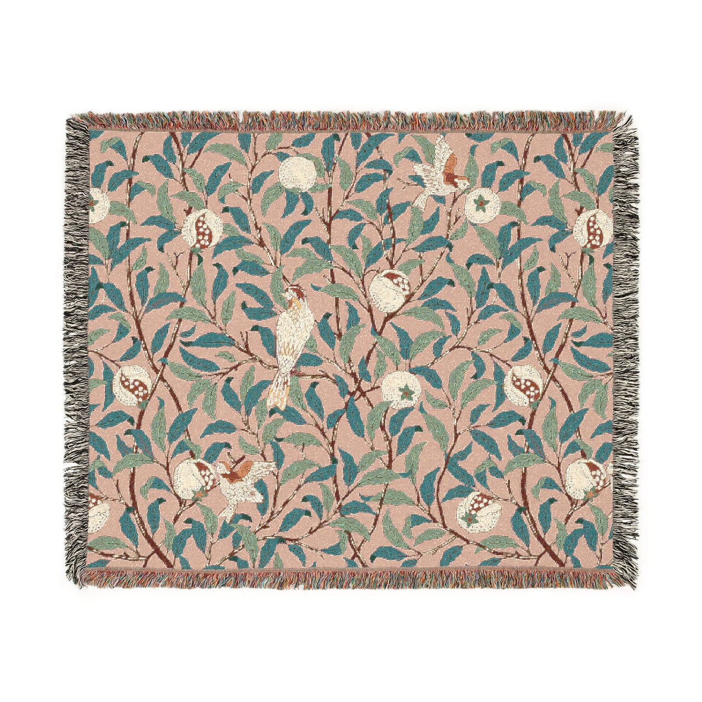 A woven cotton blanket with a floral pattern in shades of green and beige, featuring birds and pomegranate motifs, with a colorful fringed edge.