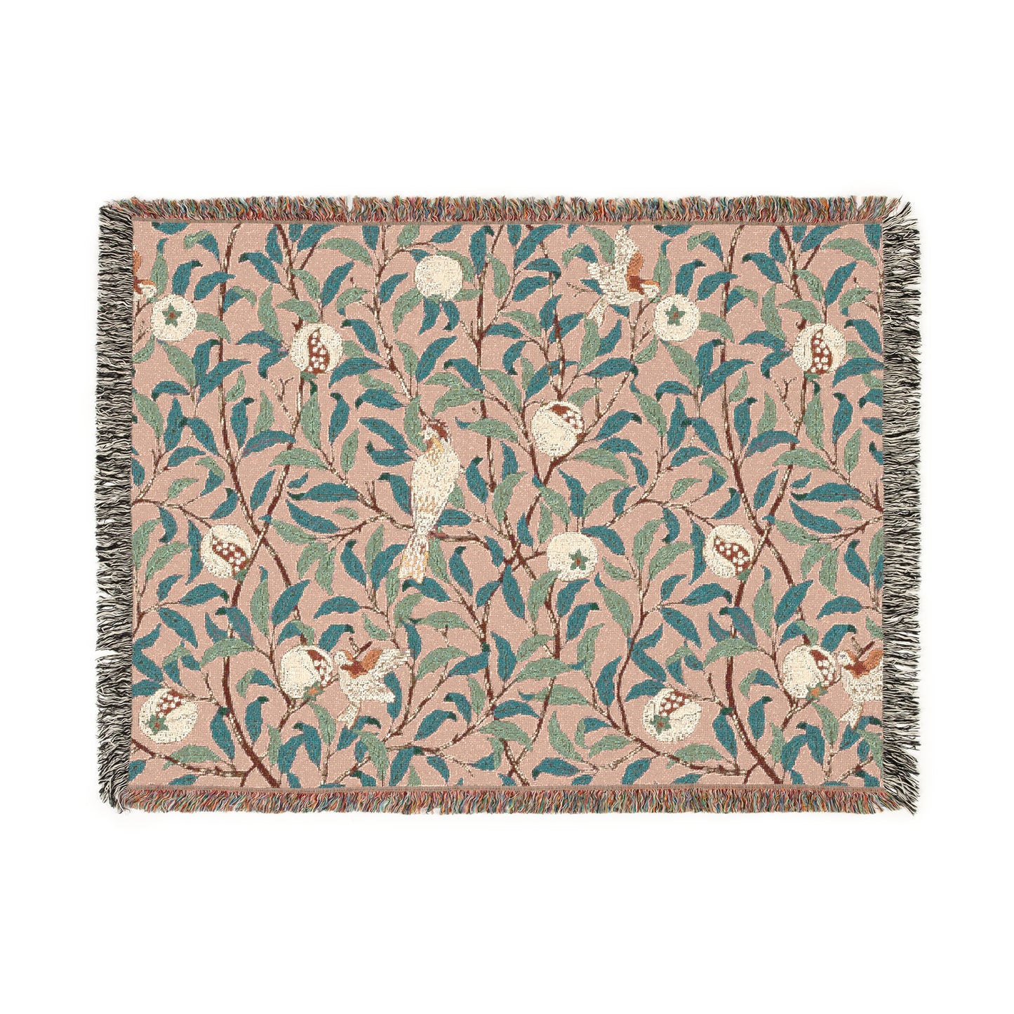 A woven cotton blanket with a floral pattern in shades of green and beige, featuring birds and pomegranate motifs, with a colorful fringed edge.