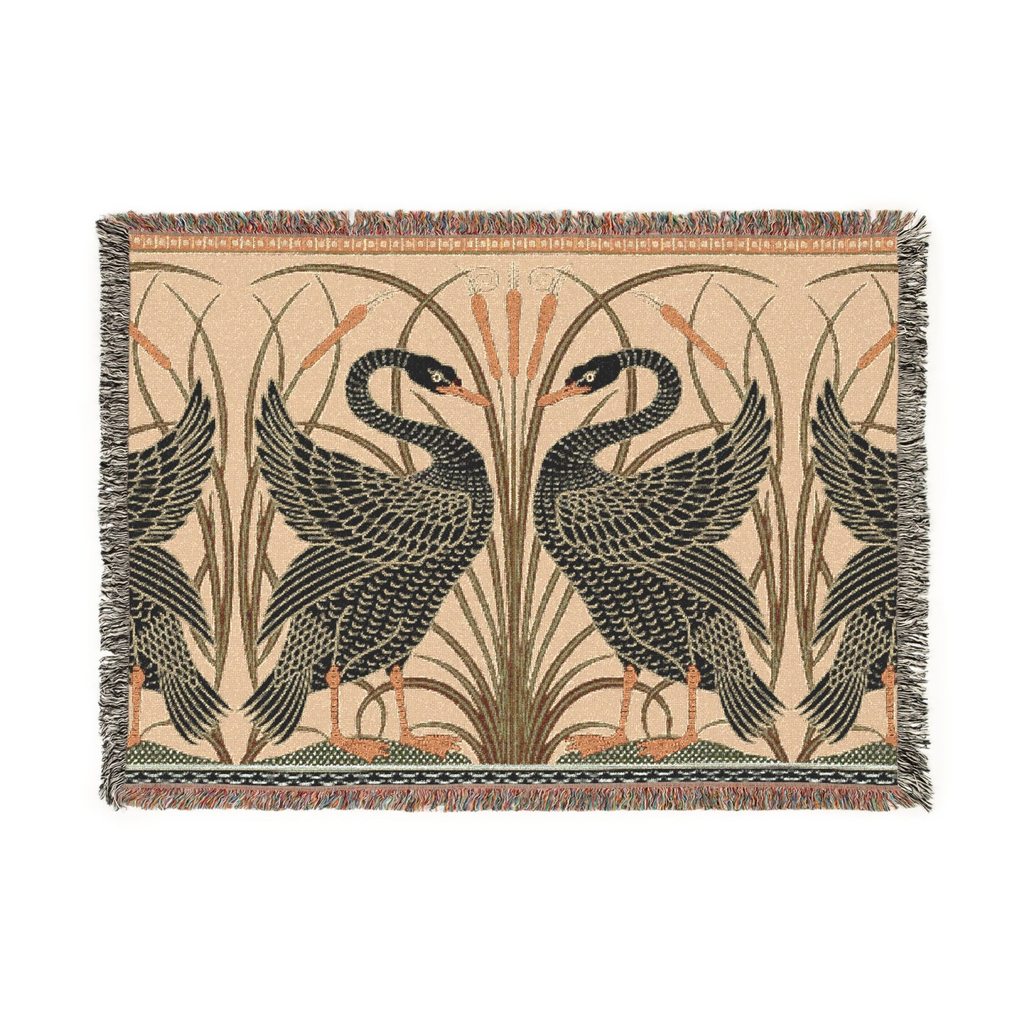 A woven cotton blanket with a geometric William Morris & Co pattern featuring birds, in beige, black, and green colours, with fringed edges.