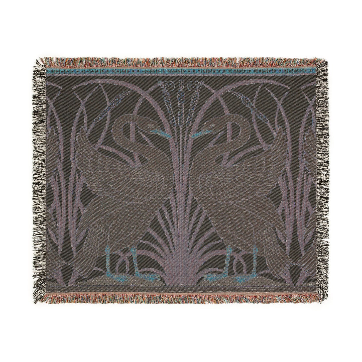 Woven blanket with swan design on a plain background