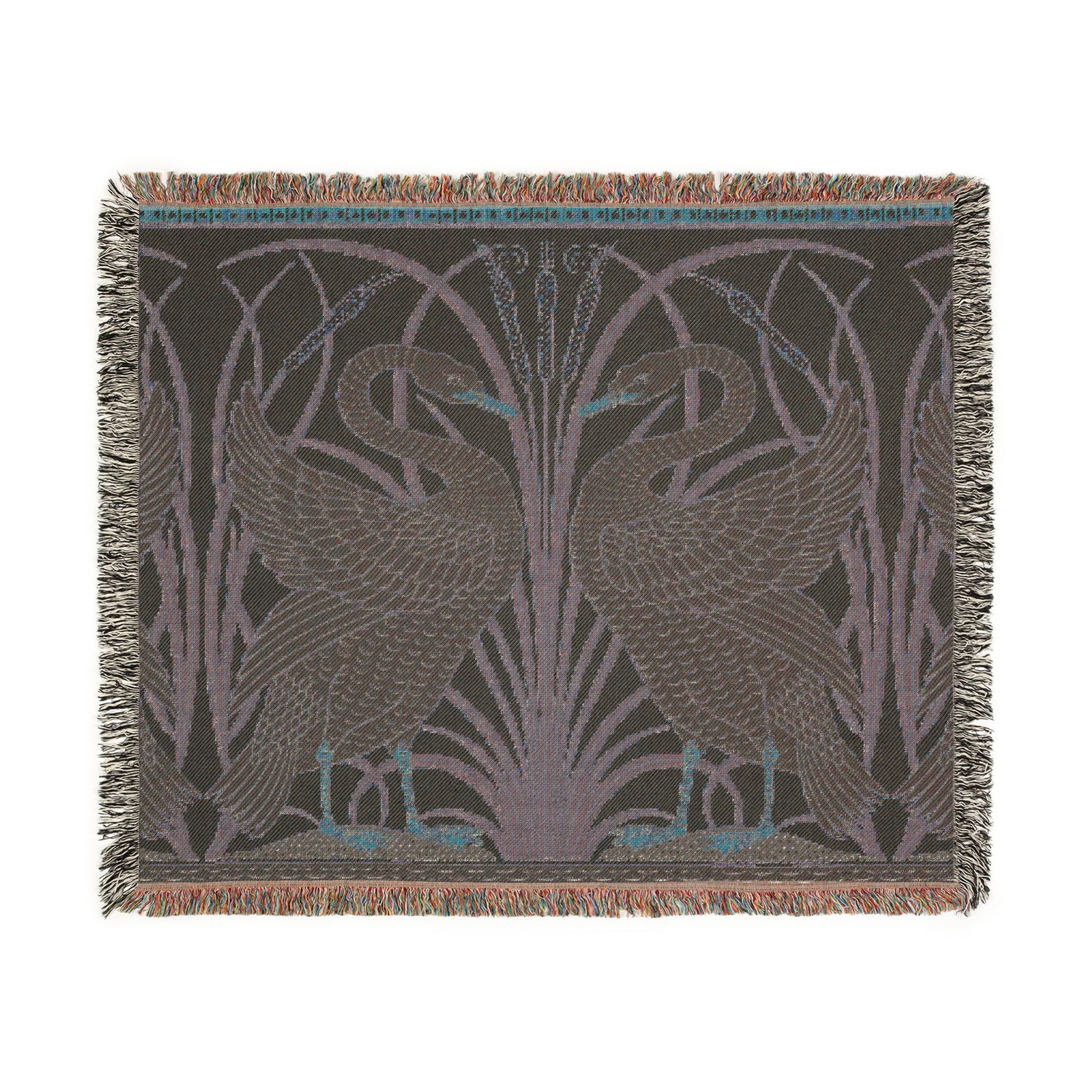 Woven blanket with swan design on a plain background