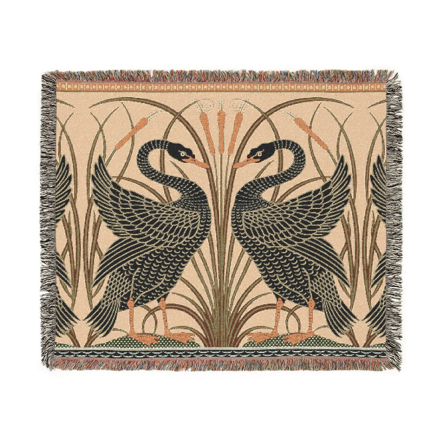 A woven cotton blanket with a geometric pattern featuring birds, in beige, black, and green colors, with fringed edges.