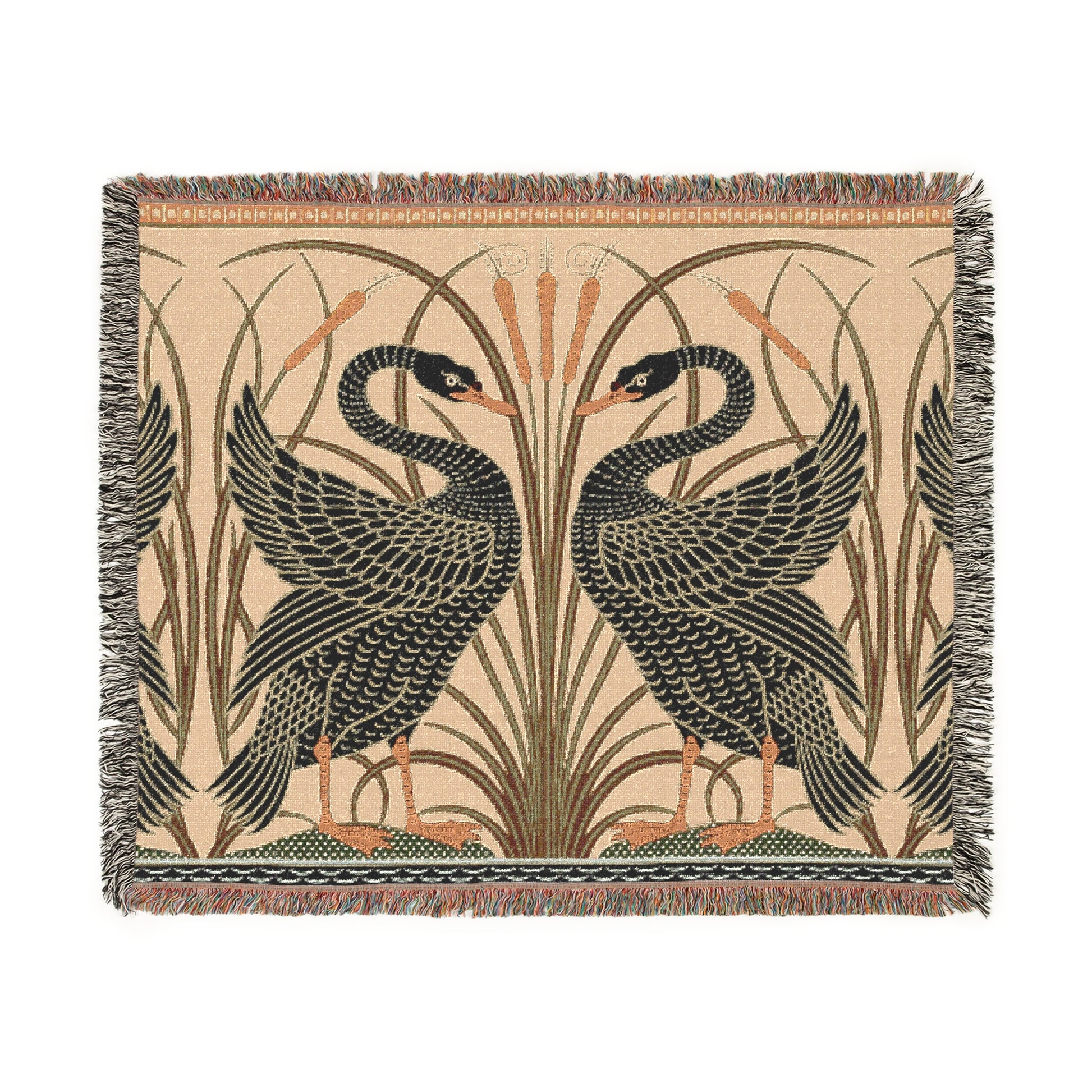 A woven cotton blanket with a geometric pattern featuring birds, in beige, black, and green colors, with fringed edges.