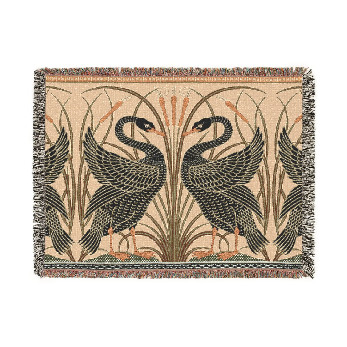 A woven cotton blanket with a geometric pattern featuring birds, in beige, black, and green colors, with fringed edges.