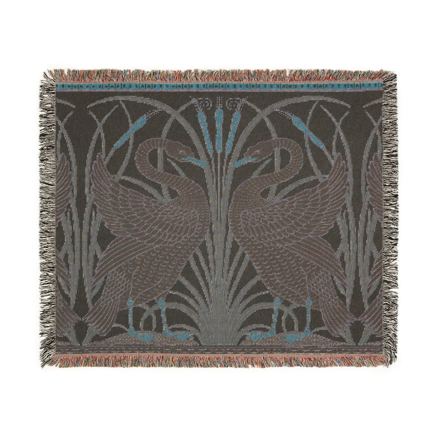 A woven cotton blanket with a geometric William Morris & Co pattern featuring birds, in beige, black, and green colours, with fringed edges.