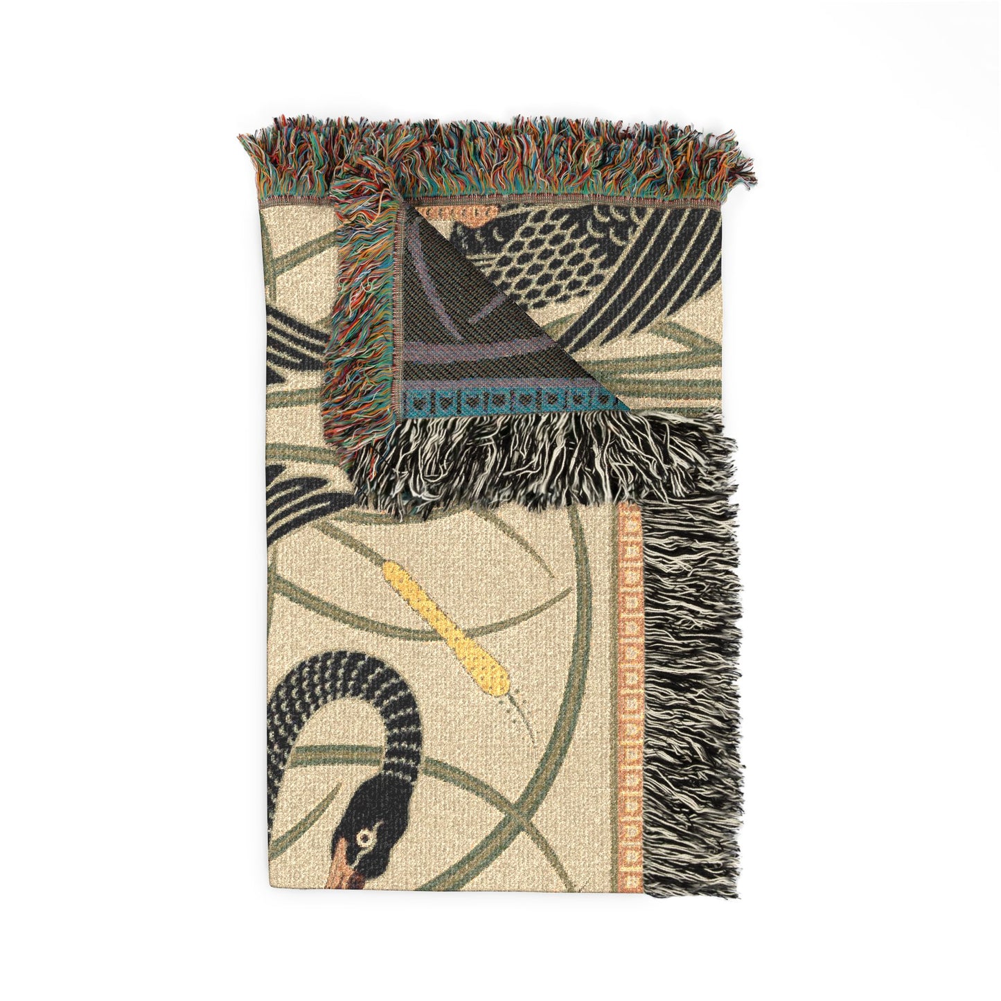 Decorative rug with peacock design and fringed edges on a white background