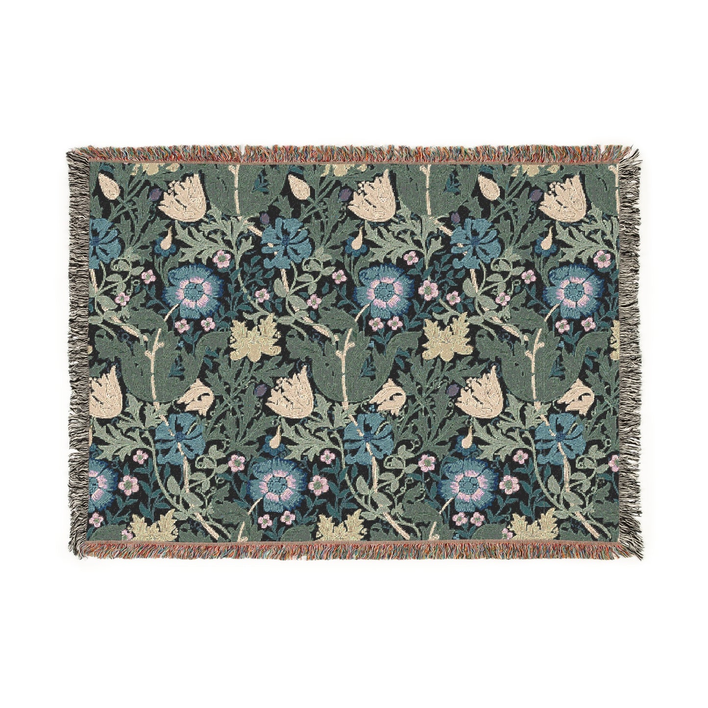 A woven cotton blanket with a floral William Morris & Co pattern in blue, green, and beige colours, featuring fringed edges.