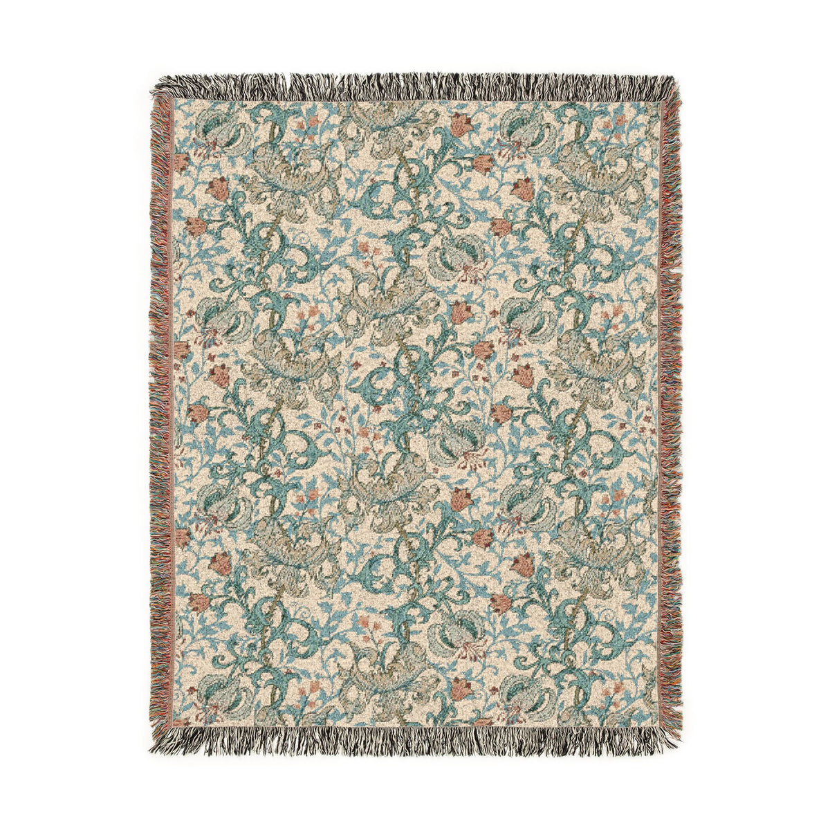 A rectangular woven throw blanket with fringe on all sides, featuring an intricate floral and paisley pattern in teal, rust orange, and beige.