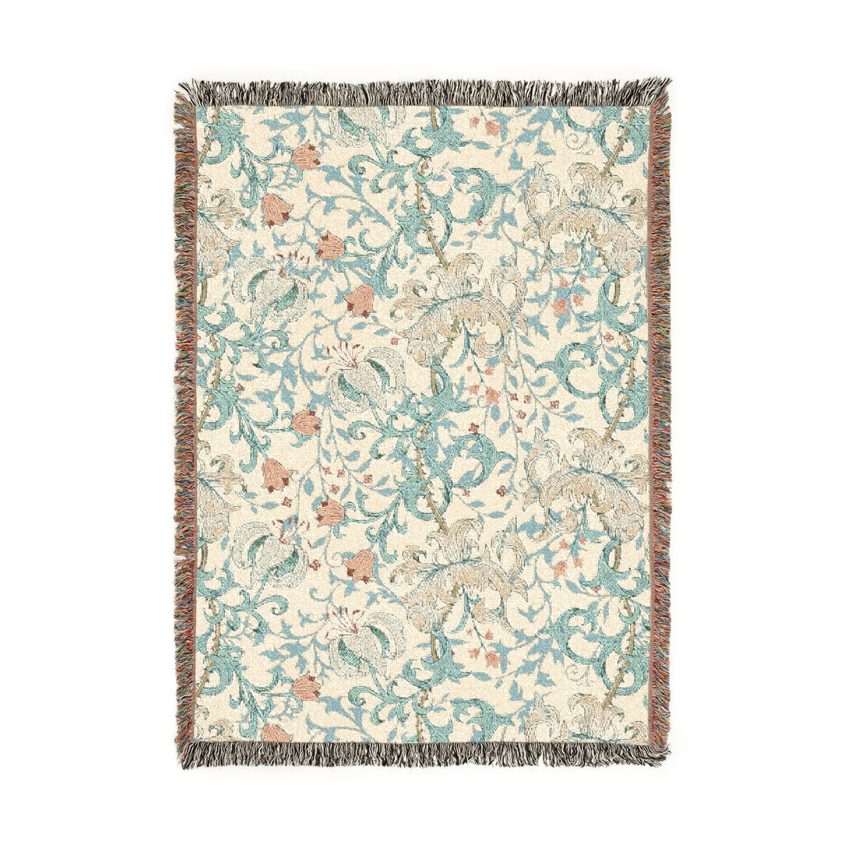 A rectangular woven throw blanket with a cream background, featuring a detailed botanical and animal pattern in shades of teal, dusty pink, and beige, finished with dark gray and brown fringe on all sides.