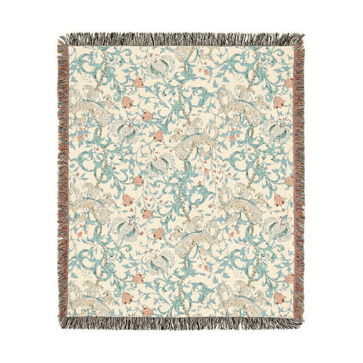 A rectangular woven throw blanket with a cream background and an intricate botanical pattern in teal, dusty pink, and beige, finished with dark gray and rust fringe on all sides.