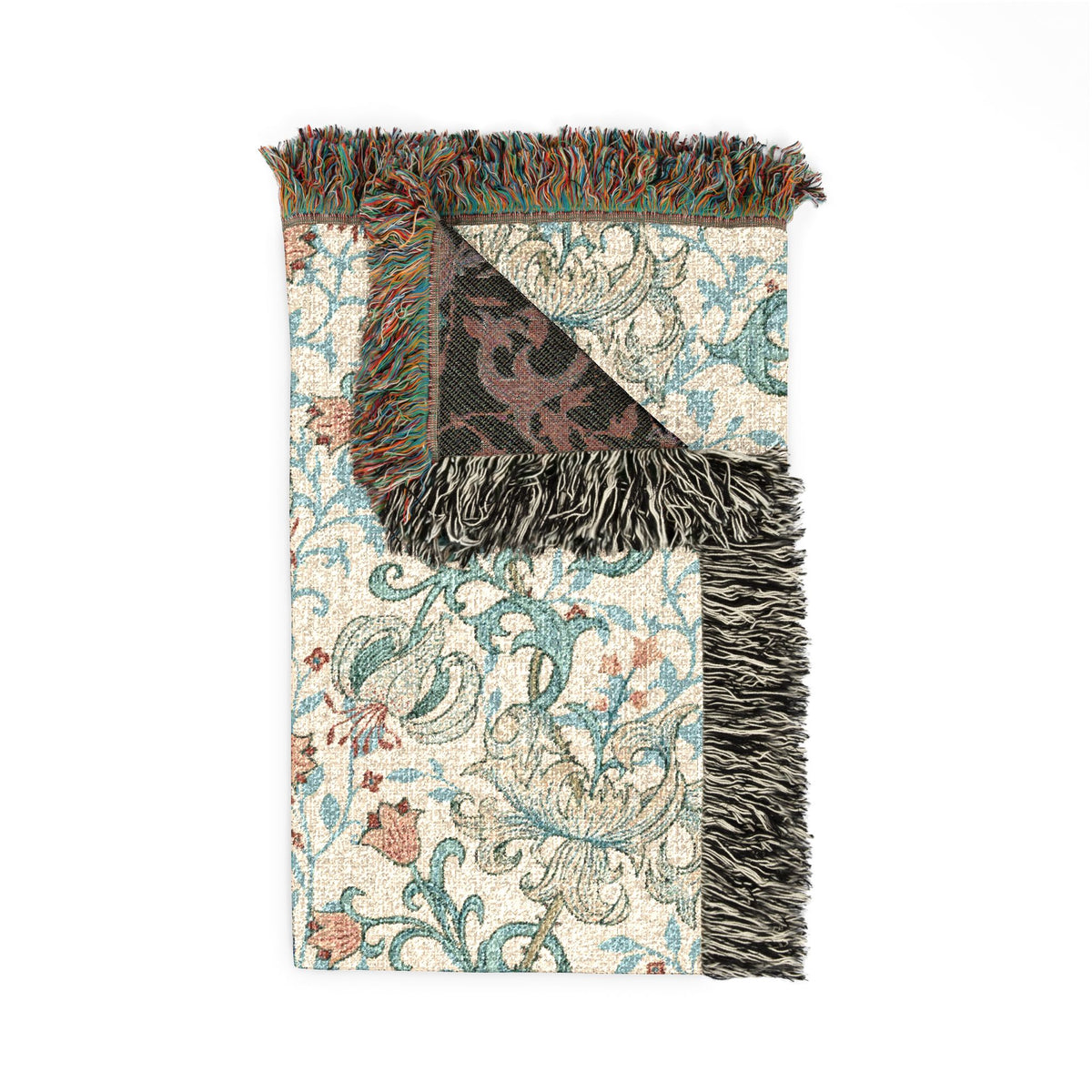 Multicolored woven blanket with fringed edges on a white background