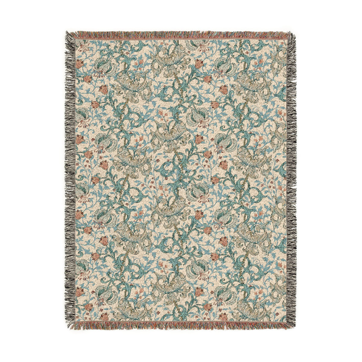 A rectangular woven throw blanket with a cream background and an intricate botanical pattern in teal, sage green, and terracotta, finished with fringed edges.