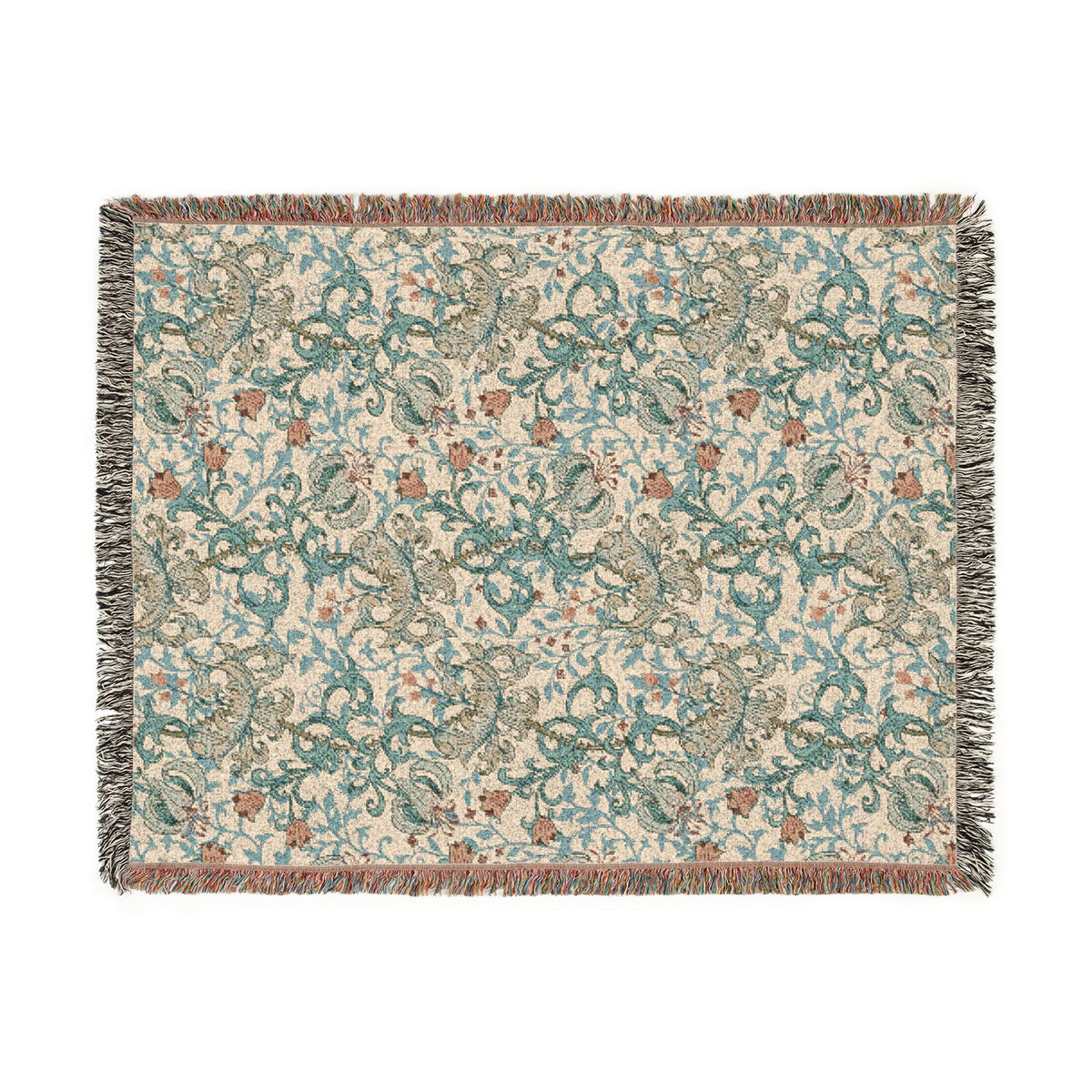 A rectangular woven throw blanket with a cream background and an intricate paisley pattern in teal, brown, and gray, finished with fringed edges.