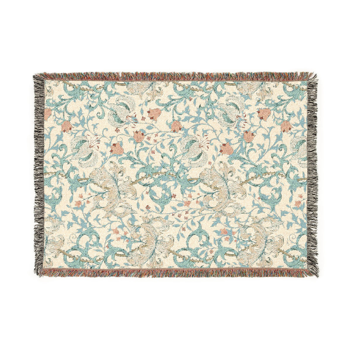 A rectangular woven throw blanket with a dense floral and vine pattern in soft teal, dusty pink, and beige on an off-white background, finished with fringed edges.