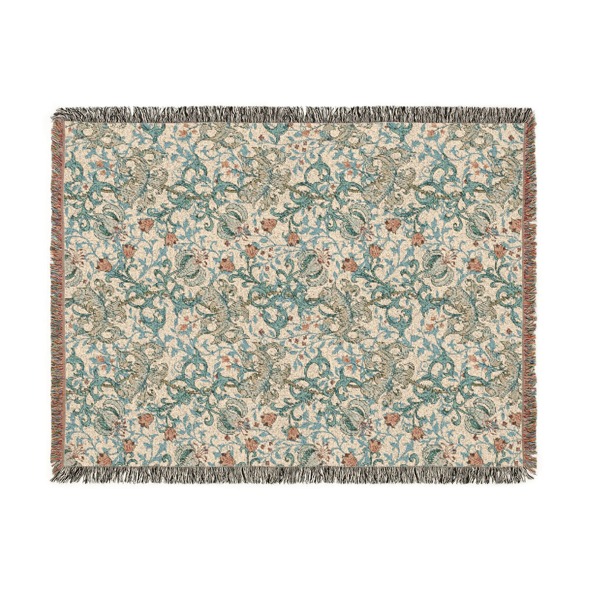 A rectangular woven throw blanket with a detailed floral and paisley pattern in teal, rust orange, and beige, finished with fringed edges.