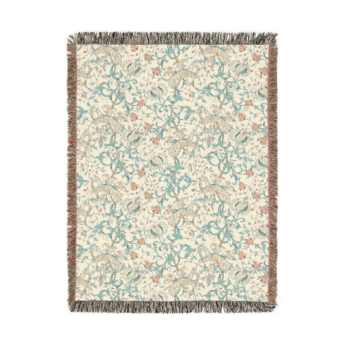 A rectangular woven throw blanket with a cream background and an all-over botanical pattern in muted teal, dusty orange, and beige, finished with dark gray and brown fringe on all sides.