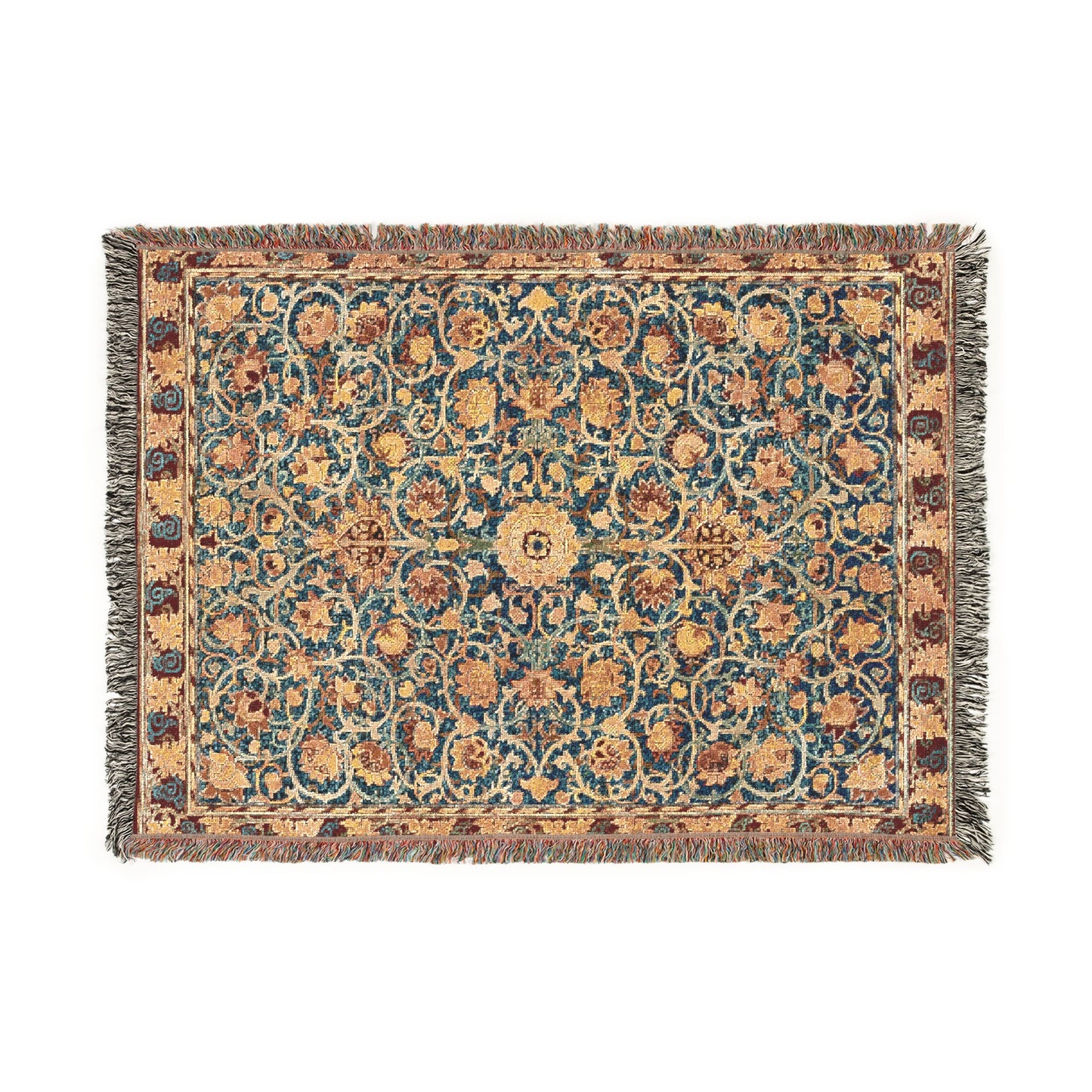 A woven cotton blanket with a geometric pattern in a mix of brown, beige, and blue colors, featuring colorful fringed edges.