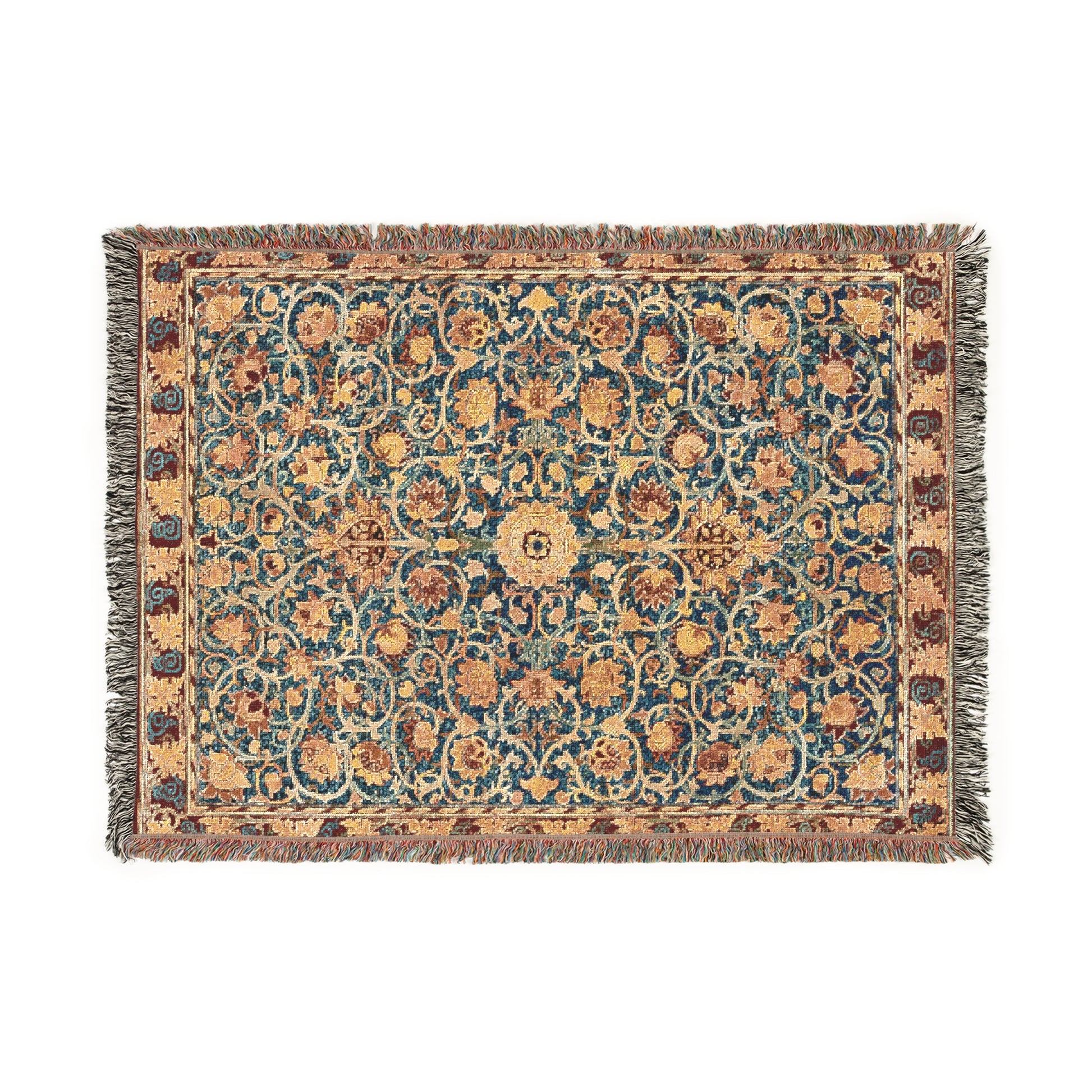 A woven cotton blanket with a geometric pattern in a mix of brown, beige, and blue colors, featuring colorful fringed edges.