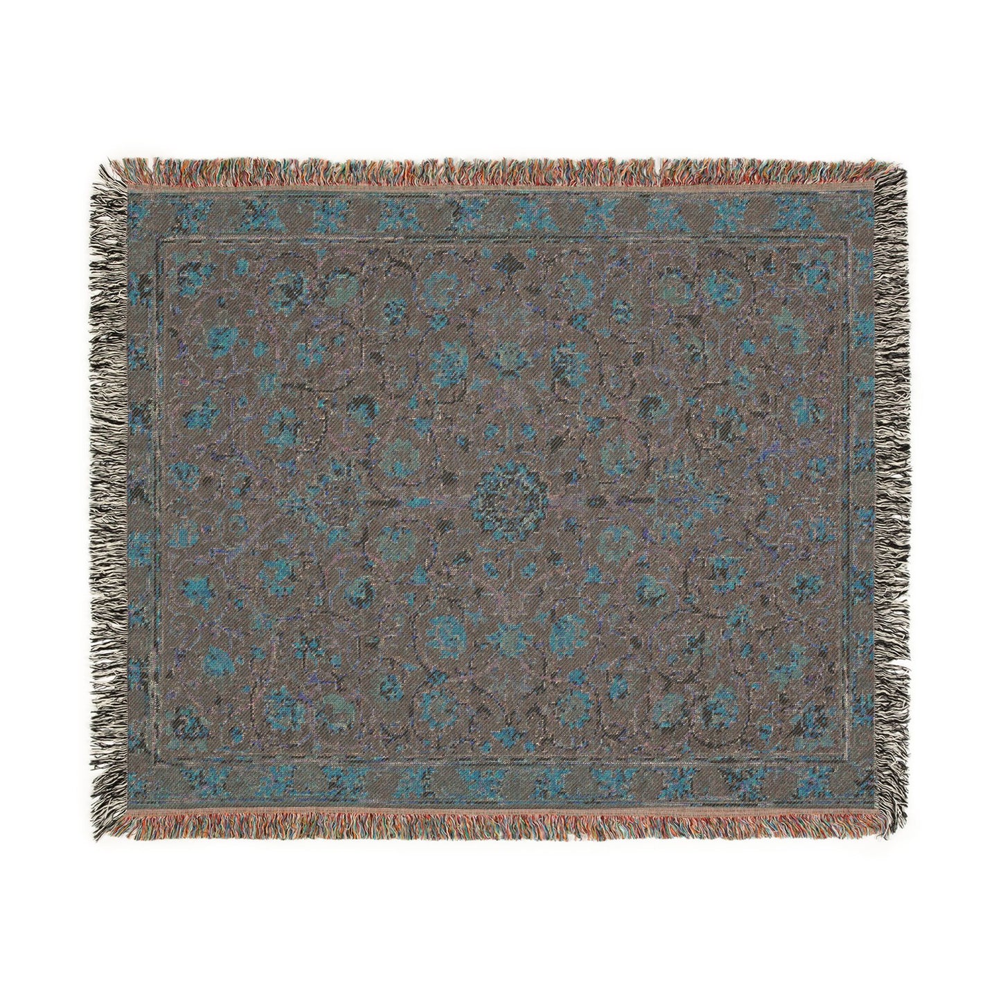 Decorative rug with intricate patterns on a plain background