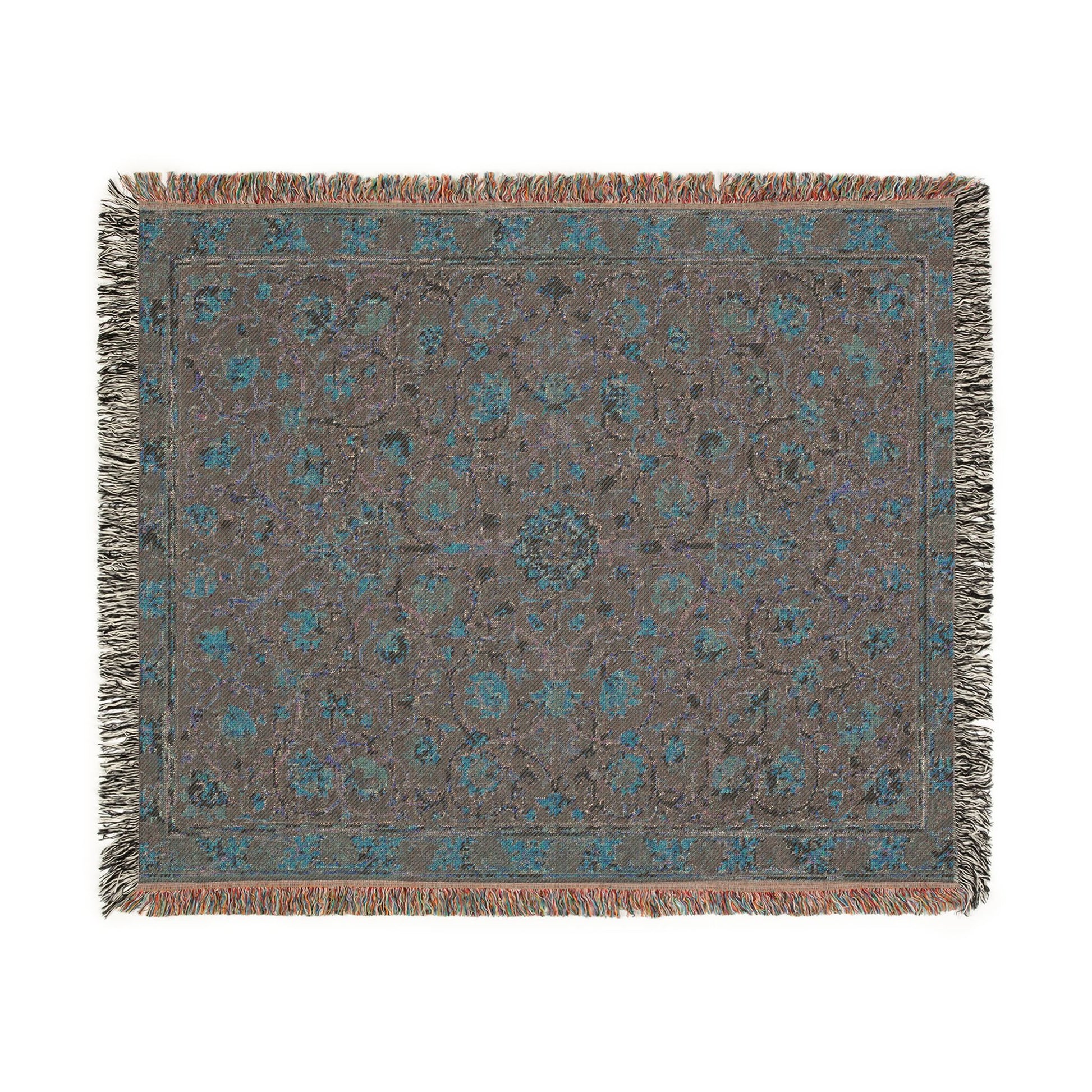 Decorative rug with intricate patterns on a plain background