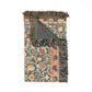 Decorative blanket with intricate patterns and fringes on a white background