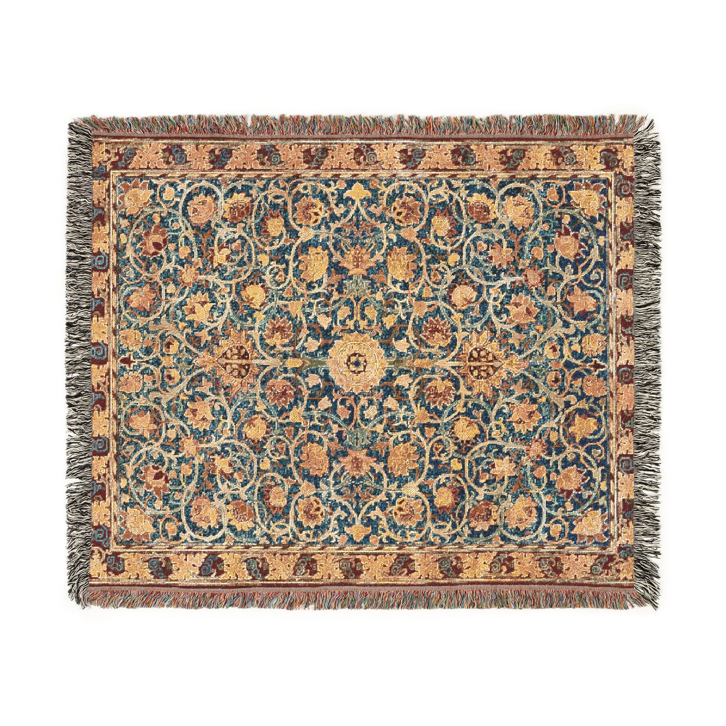 A woven cotton blanket with a geometric pattern in a mix of brown, beige, and blue colors, featuring colorful fringed edges.