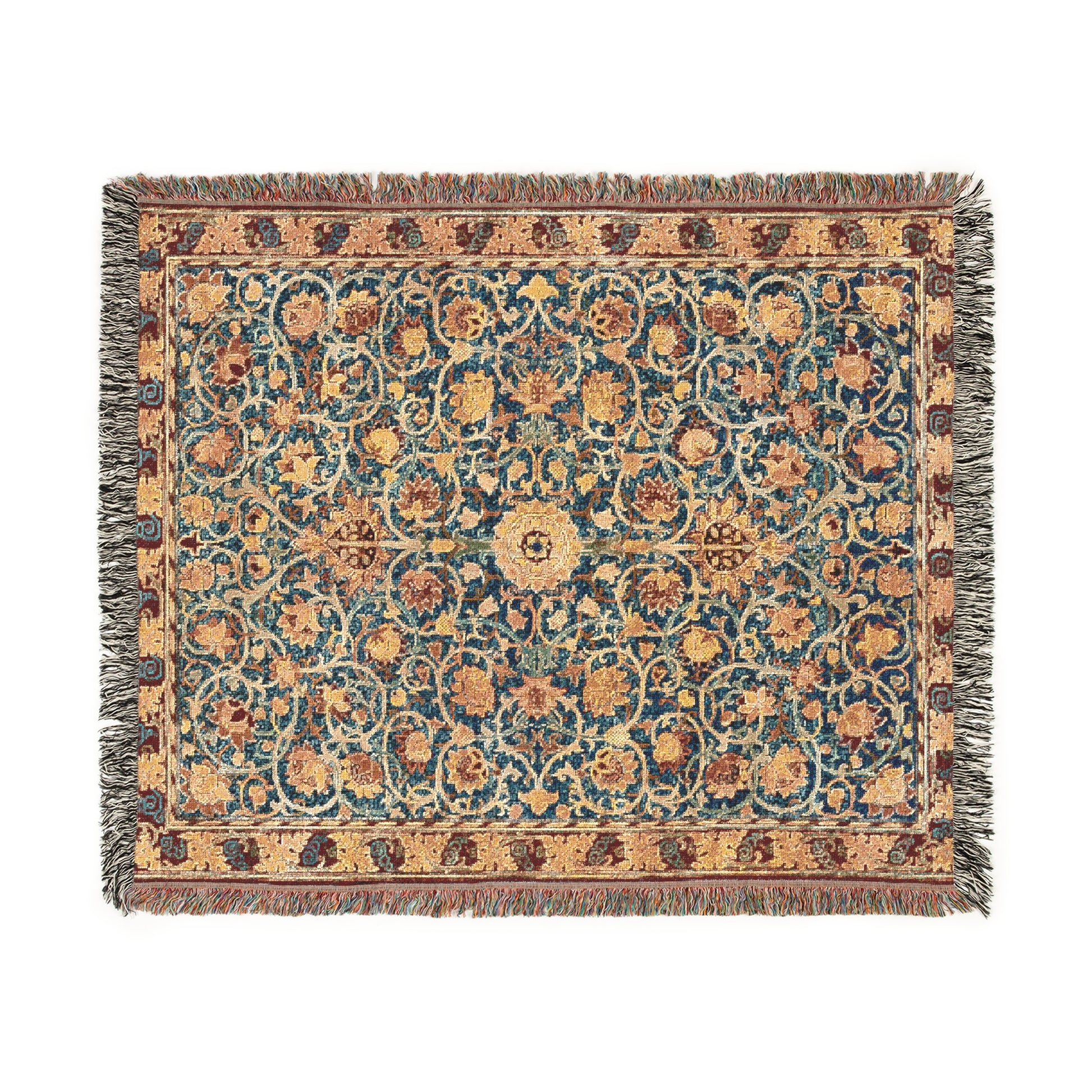 A woven cotton blanket with a geometric pattern in a mix of brown, beige, and blue colors, featuring colorful fringed edges.