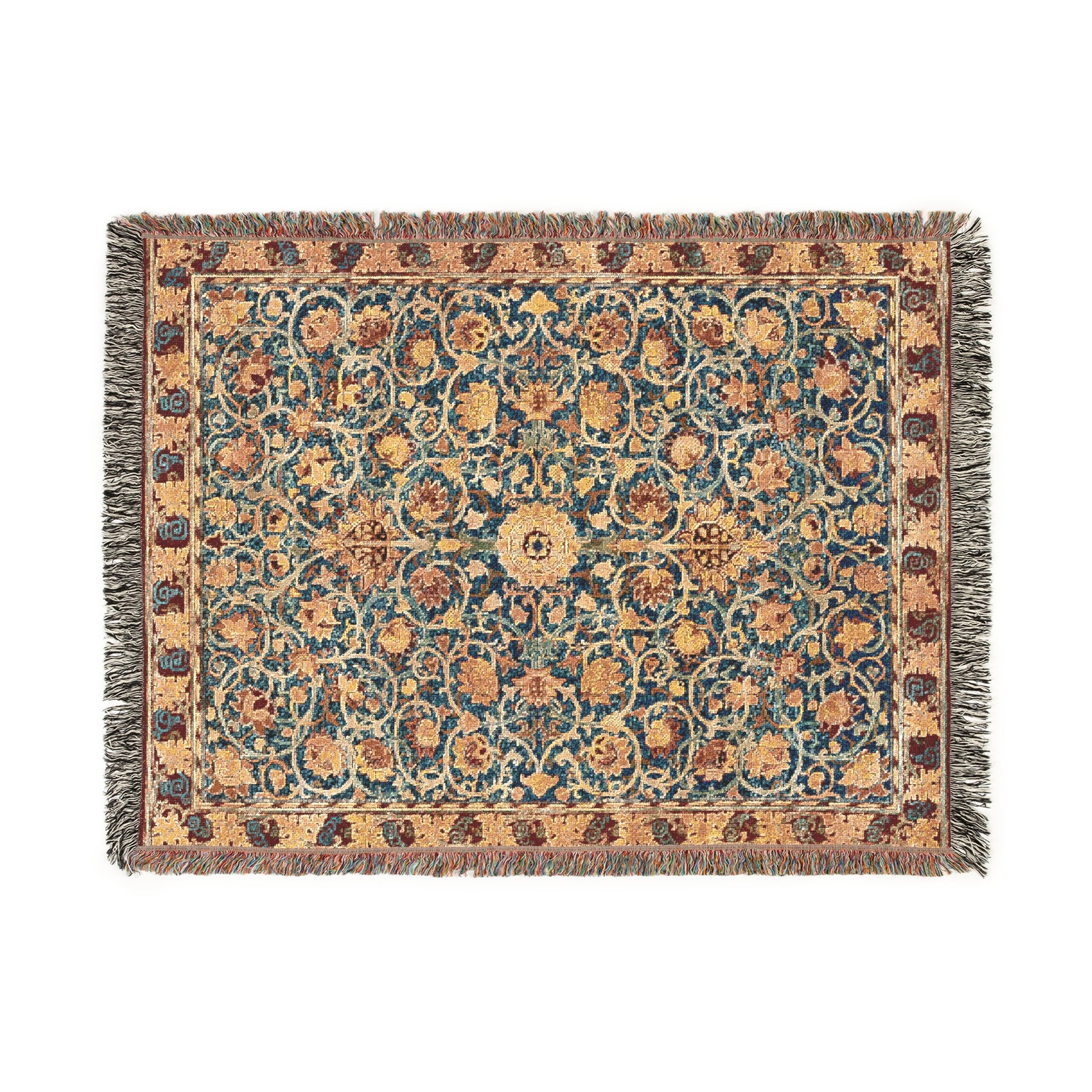 A woven cotton blanket with a geometric pattern in a mix of brown, beige, and blue colors, featuring colorful fringed edges.