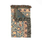 Decorative rug with intricate patterns and fringes on a white background
