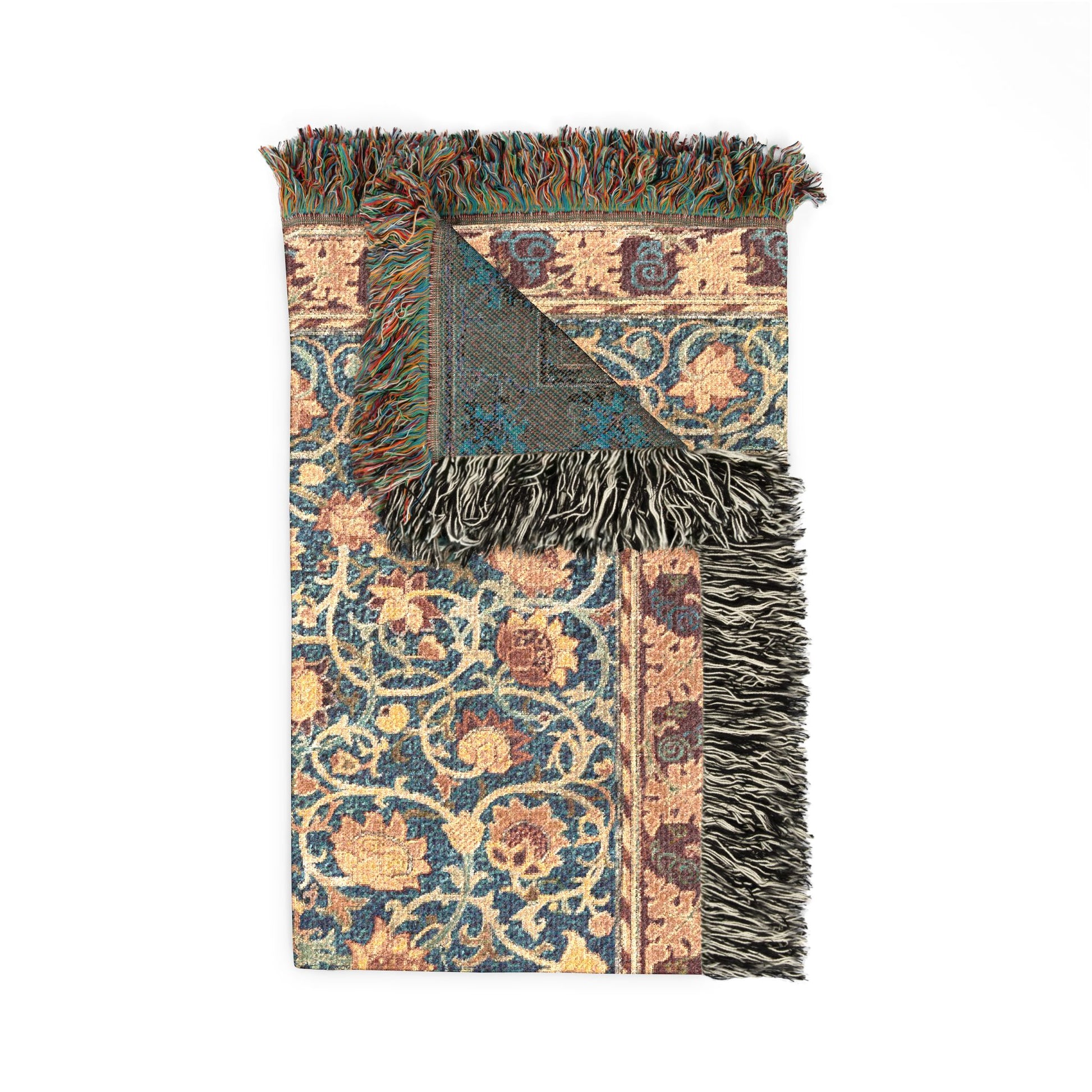 Decorative rug with intricate patterns and fringes on a white background