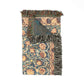 Decorative rug with intricate patterns and fringes on a white background