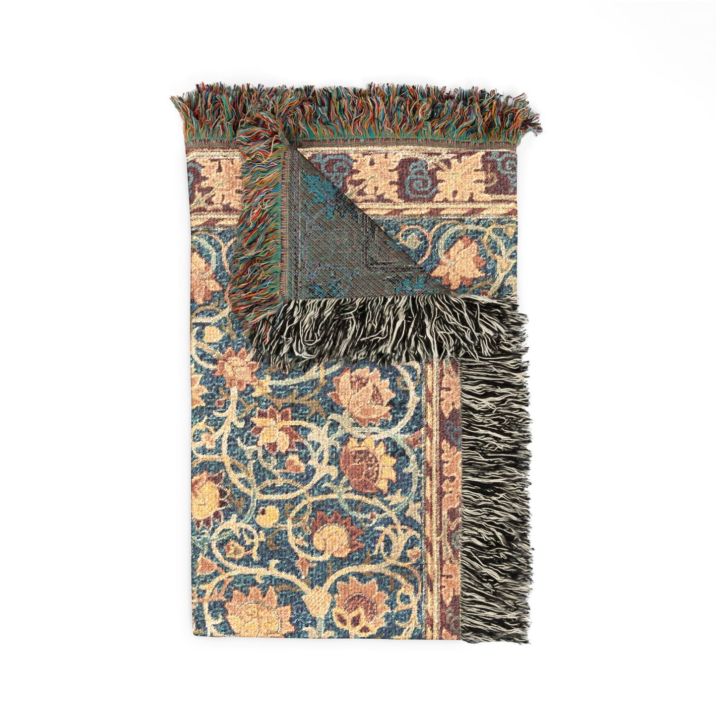 Decorative rug with intricate patterns and fringes on a white background