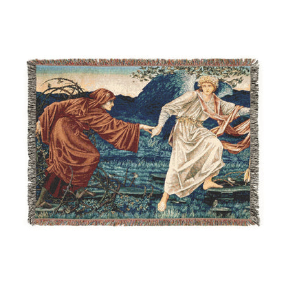 A woven cotton blanket with a William Morris & Co pattern featuring a historical artistic depiction in vibrant colours, with a fringed edge.